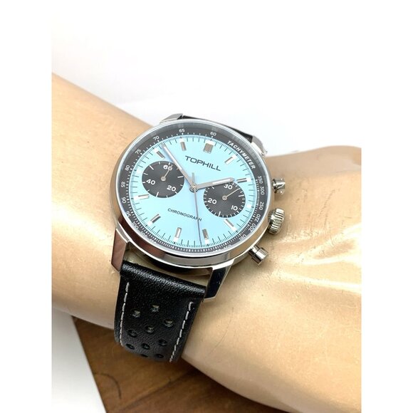 Tophill Men's Watch Mechanical Chronograph Blue Dial Black Leather Band 40mm - Picture 5 of 14
